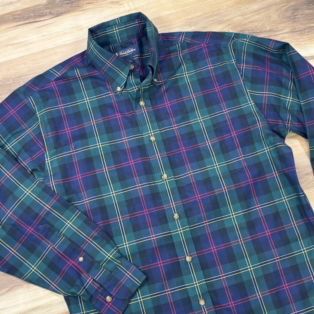 Brooks Brothers Plaid Shirt‎ Mens M Classic Cotton Non-Iron Green Navy Heritage